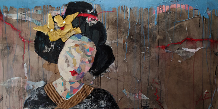 Collages getiteld "SERIE GEISHA 00019" door Josep Pozo, Origineel Kunstwerk, Acryl Gemonteerd op Frame voor houten brancard