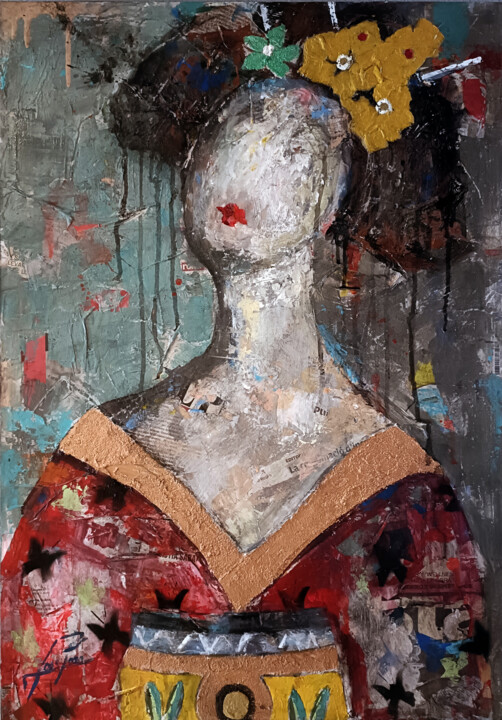 Painting titled "SERIE GEISHA 00081" by Josep Pozo, Original Artwork, Acrylic Mounted on Wood Panel