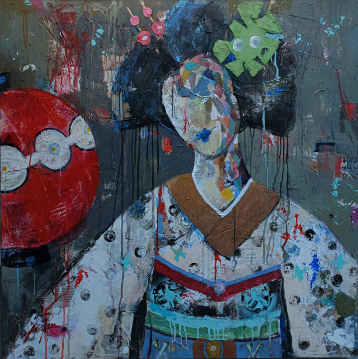 Painting titled "SERIE GEISHA 00082" by Josep Pozo, Original Artwork, Acrylic Mounted on Wood Panel