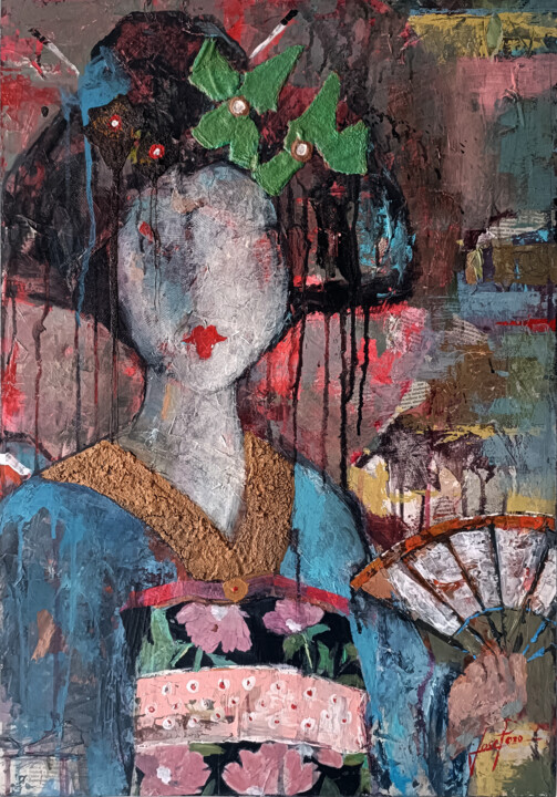 Collages intitulée "SERIE GEISHA 00087" par Josep Pozo, Œuvre d'art originale, Acrylique Monté sur Panneau de bois