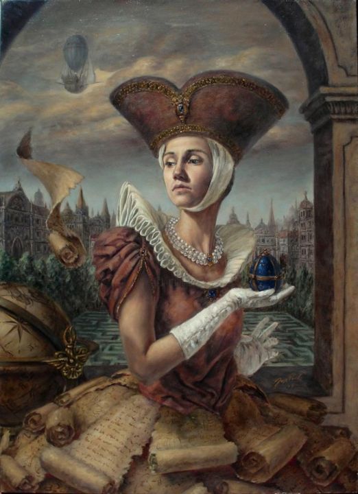 Pintura titulada "Dama en pergaminos" por Jose Parra, Obra de arte original, Oleo