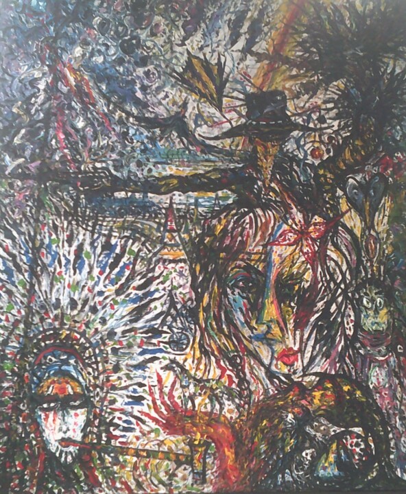 제목이 "COWBOYS and ENGINES"인 미술작품 Joseph Urie로, 원작, 기름 나무 들것 프레임에 장착됨