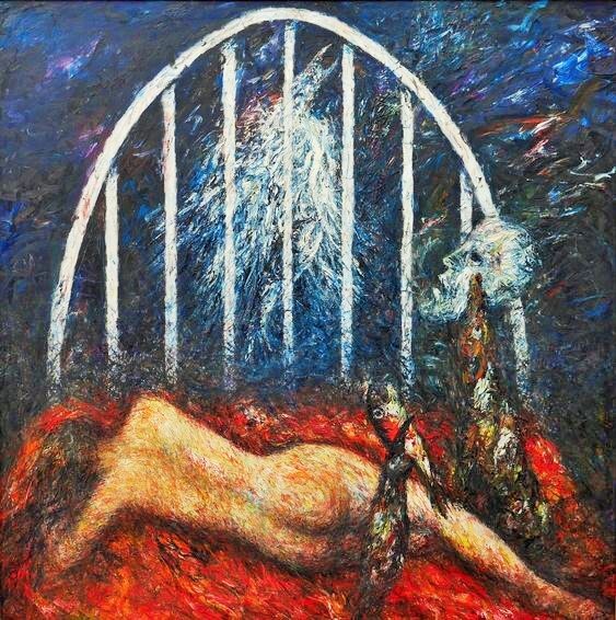 Schilderij getiteld "GOTHIC DREAM" door Joseph Urie, Origineel Kunstwerk, Olie Gemonteerd op Frame voor houten brancard