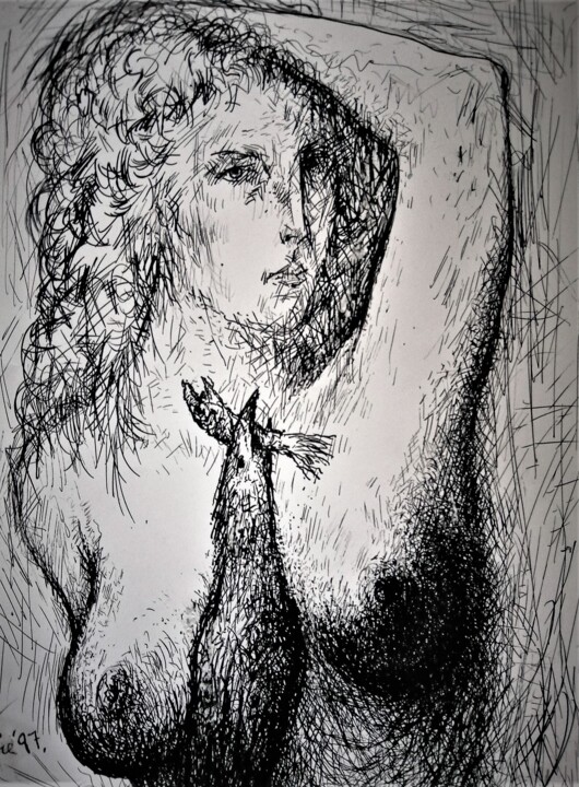Malarstwo zatytułowany „WOMAN with BIRD/FIS…” autorstwa Joseph Urie, Oryginalna praca, Atrament
