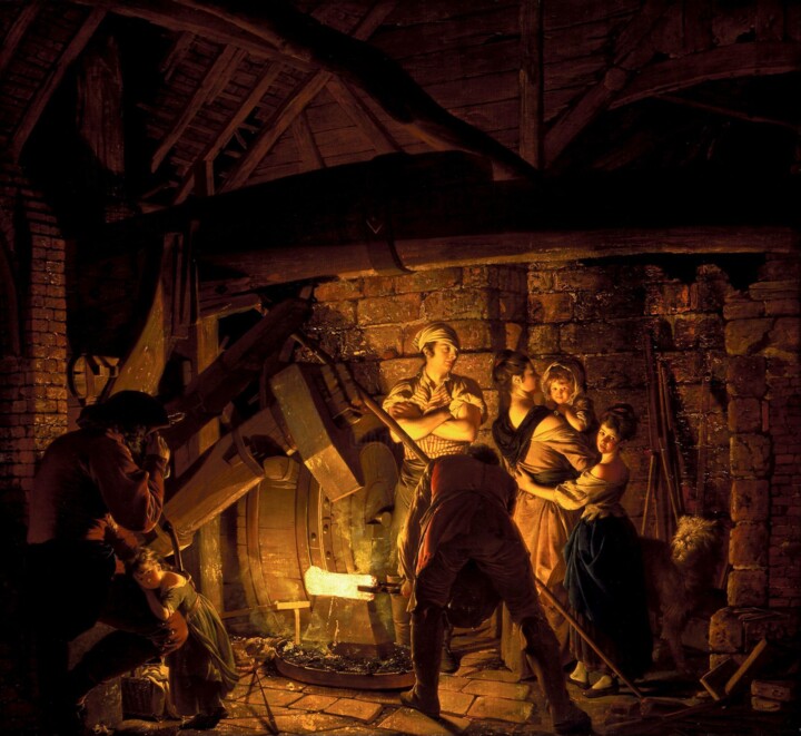 "Une forge de fer" başlıklı Tablo Joseph Wright Of Derby tarafından, Orijinal sanat, Petrol