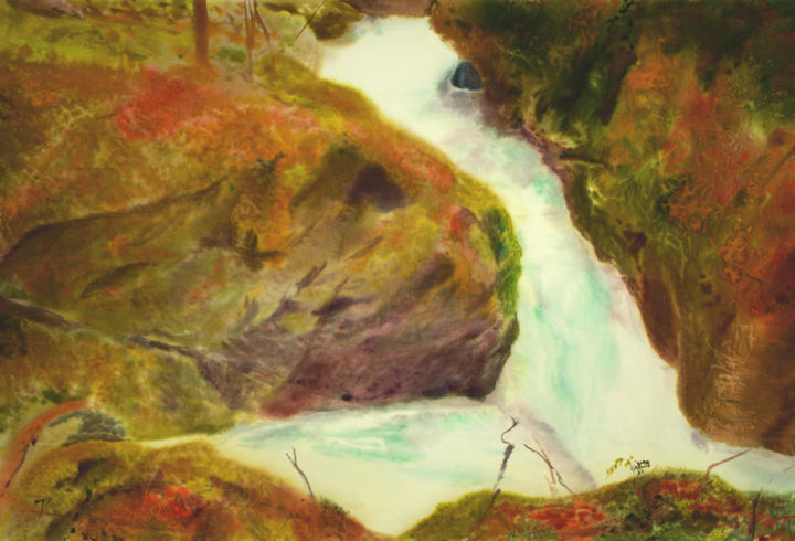 Painting titled "mossy rocks" by Joseph Caldwell, Original Artwork, Watercolor