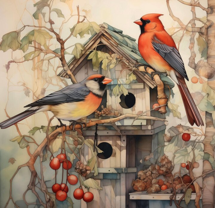 Digital Arts titled "Cardinals & Treehou…" by Josephine Estelle, Original Artwork, Digital Painting