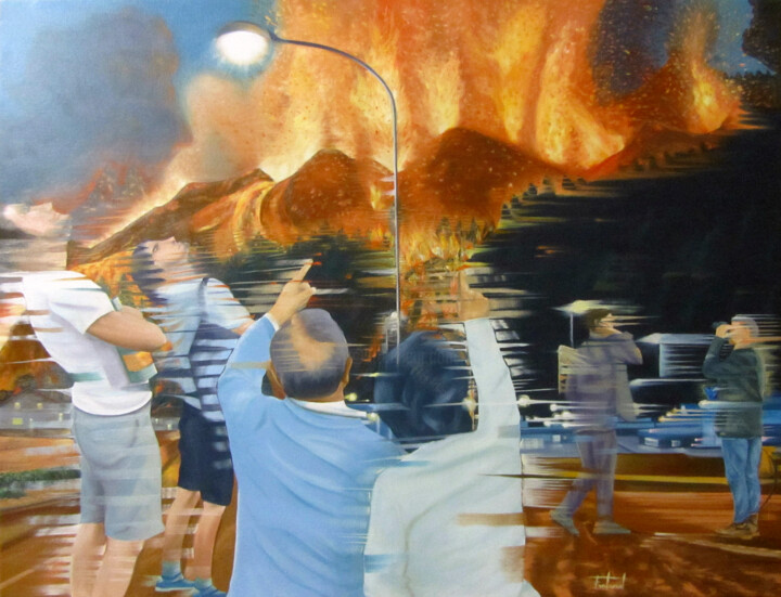Pintura intitulada "Sorpresos pel volcà…" por Josep Maria Fontanet Sureda, Obras de arte originais, Óleo Montado em Armação…