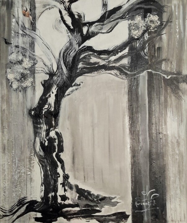 Peinture intitulée "Arbre noir et blanc…" par Josette Karsenti (josie), Œuvre d'art originale, Acrylique