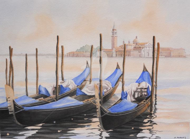 Peinture intitulée "Venise : les 3 Gond…" par Josette Roboam, Œuvre d'art originale, Aquarelle