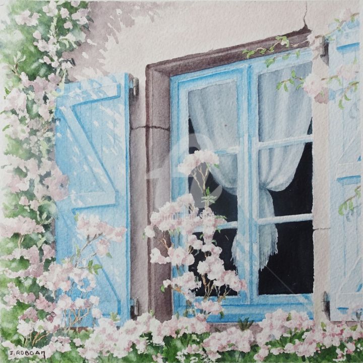 Peinture intitulée "la Fenêtre bleue" par Josette Roboam, Œuvre d'art originale, Aquarelle Monté sur Autre panneau rigide
