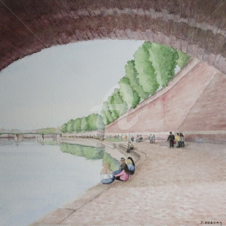 Peinture intitulée "Sous le Pont" par Josette Roboam, Œuvre d'art originale, Aquarelle Monté sur Autre panneau rigide