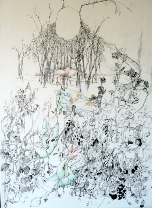 Drawing titled "les mains vertes" by Josiane Chauvin, Original Artwork, Ink Mounted on Wood Stretcher frame