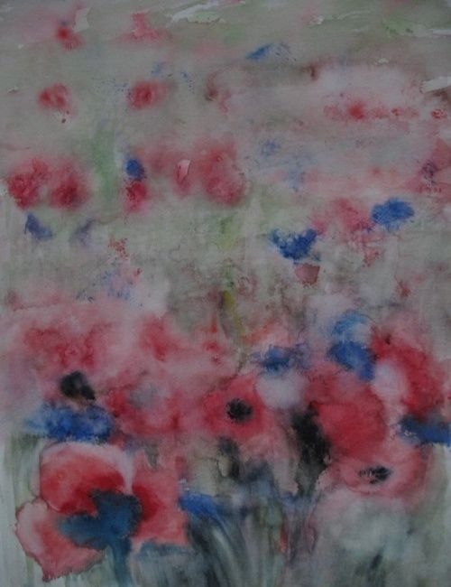 Painting titled "Coquelicots et bleu…" by Josiane Flotte, Original Artwork