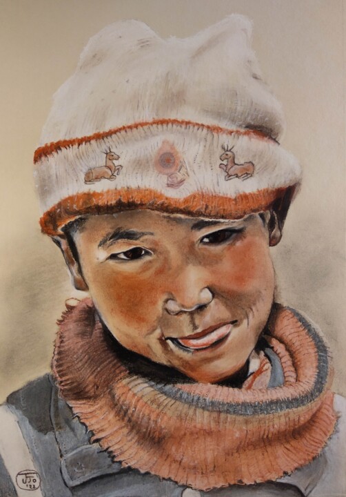 Tekening getiteld "Terzin from Tibet" door Josine Jansen, Origineel Kunstwerk, Conté