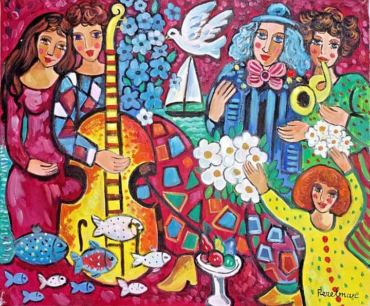 Peinture intitulée "Fête de famille" par Josip Perelman, Œuvre d'art originale, Huile