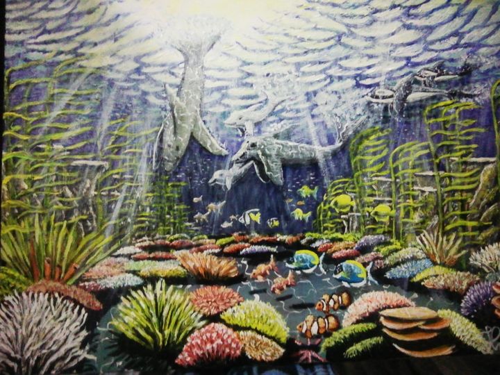 Pintura titulada "Fundo e flora marin…" por José Carlos Matias Raposo, Obra de arte original, Acrílico