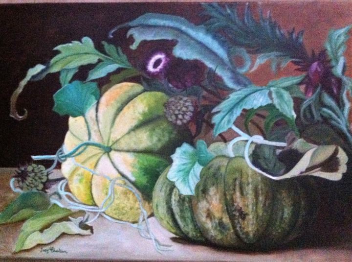 Schilderij getiteld "Melons et artichauts" door Josy Chatain, Origineel Kunstwerk