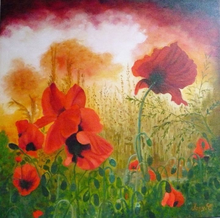 Painting titled "Coquelicots" by Josy Chatain, Original Artwork, Oil