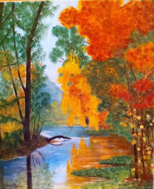 Peinture intitulée "Rivière en automne" par Josy Chatain, Œuvre d'art originale