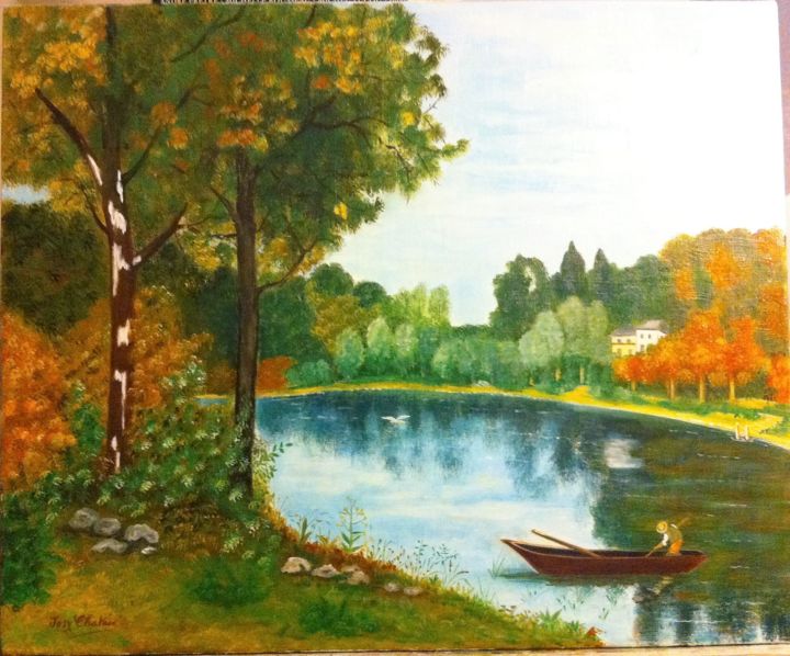 Peinture intitulée "Pêcheur sur le lac" par Josy Chatain, Œuvre d'art originale