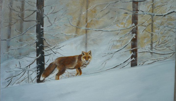 Painting titled "Renard dans la neige" by Josy Chatain, Original Artwork
