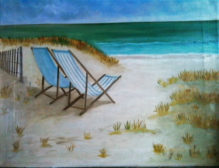 Schilderij getiteld "chaises sur la plage" door Josy Chatain, Origineel Kunstwerk