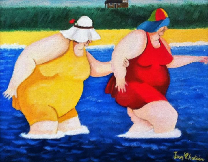 Painting titled "Les nageuses" by Josy Chatain, Original Artwork