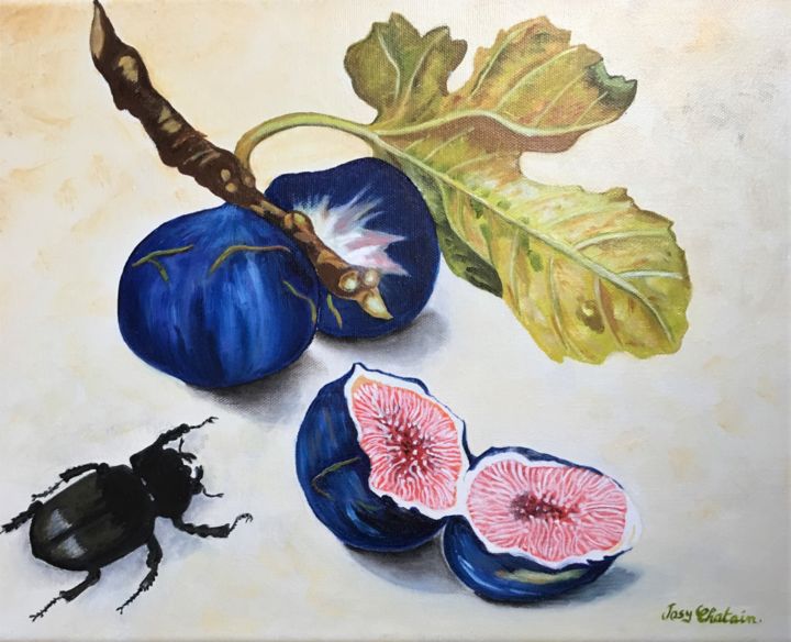 Painting titled "Figues et scarabee" by Josy Chatain, Original Artwork, Oil