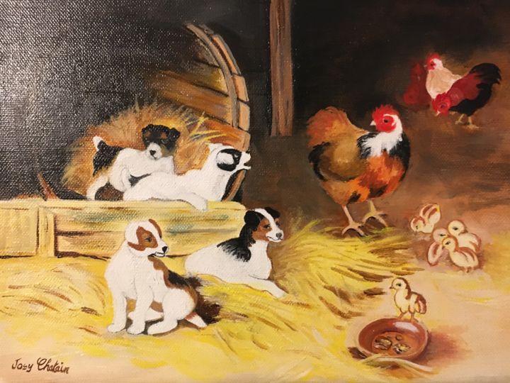 Painting titled "chiots dans la bass…" by Josy Chatain, Original Artwork, Oil