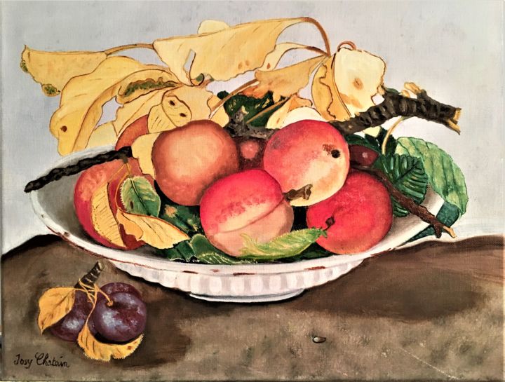 Peinture intitulée "Pêches et prunes" par Josy Chatain, Œuvre d'art originale, Huile