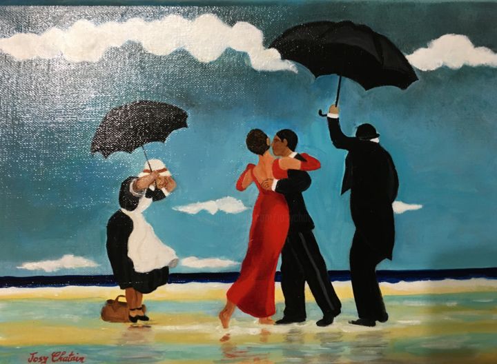 Painting titled "Tango sur la plage" by Josy Chatain, Original Artwork, Oil