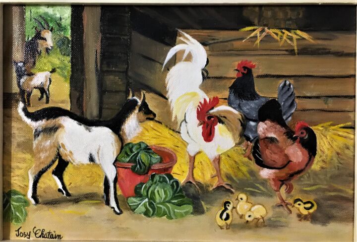 Malerei mit dem Titel "La ferme" von Josy Chatain, Original-Kunstwerk, Öl