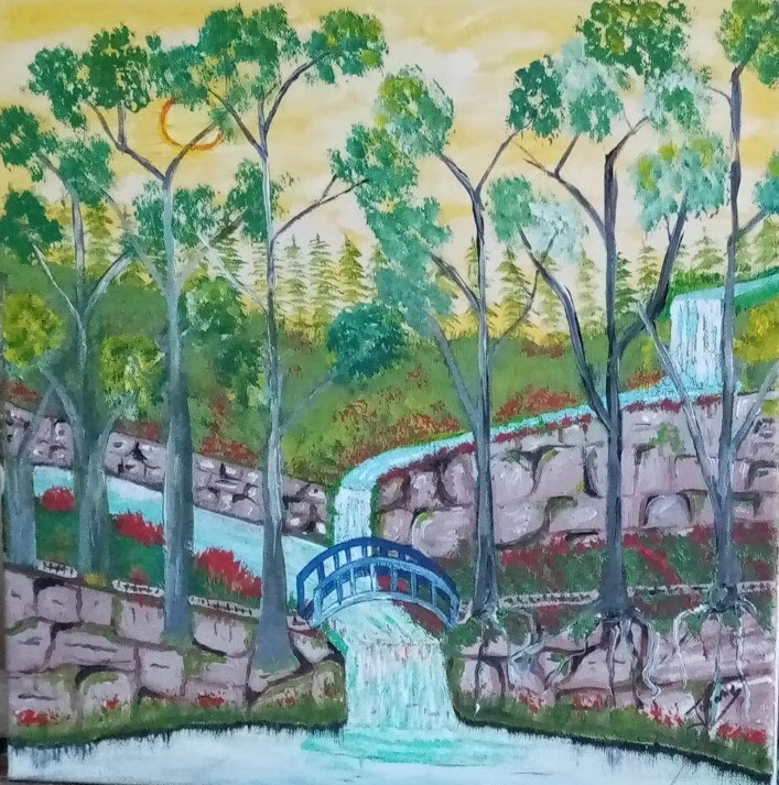 Pintura titulada "Le petit pont bleu" por Jouane, Obra de arte original, Acrílico