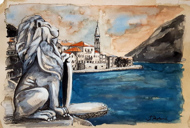 Malarstwo zatytułowany „Lion, Perast” autorstwa Jovana Pestoric, Oryginalna praca, Gwasz