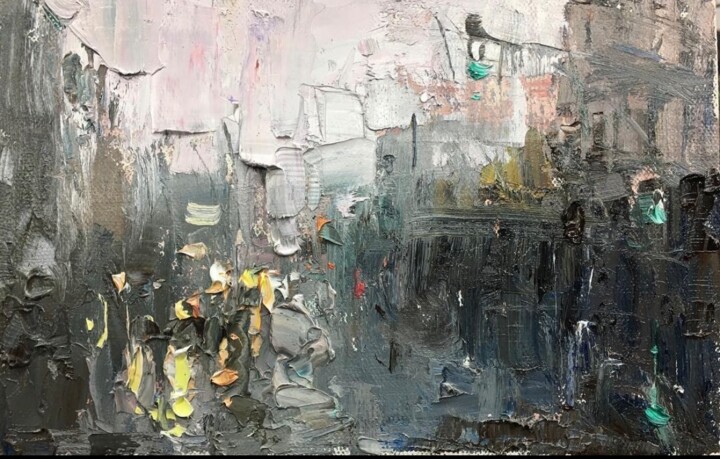 Schilderij getiteld "Raining day in Pasa…" door Jove Wang, Origineel Kunstwerk, Olie