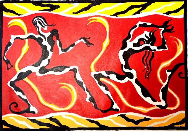 Peinture intitulée "La danse des Lionnes" par Joxa Vi', Œuvre d'art originale, Huile Monté sur Châssis en bois