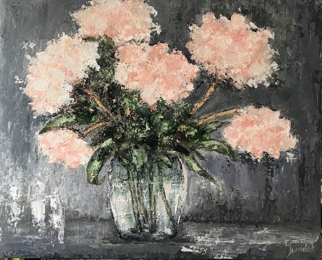 Malerei mit dem Titel "Bouquet d'hortensia…" von Joy Jourdet, Original-Kunstwerk, Öl