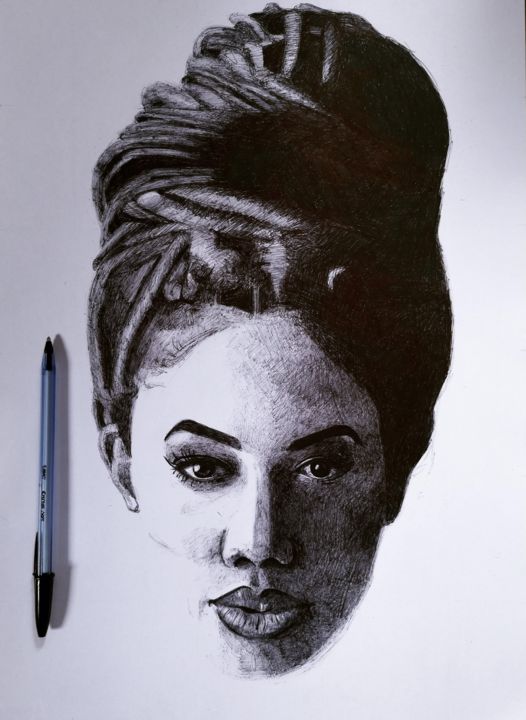 Drawing titled "Rasta Woman A3" by Joy Ornella, Original Artwork, Ballpoint pen