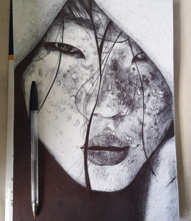 Drawing titled "Asian Woman Bic" by Joy Ornella, Original Artwork, Ballpoint pen