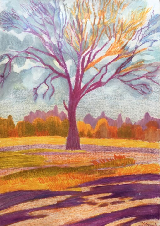 Dessin intitulée "Tree in cornfield" par Joyce Van Den Engel, Œuvre d'art originale, Crayon