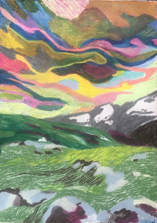 Drawing titled "Mountains and sky" by Joyce Van Den Engel, Original Artwork, Pencil