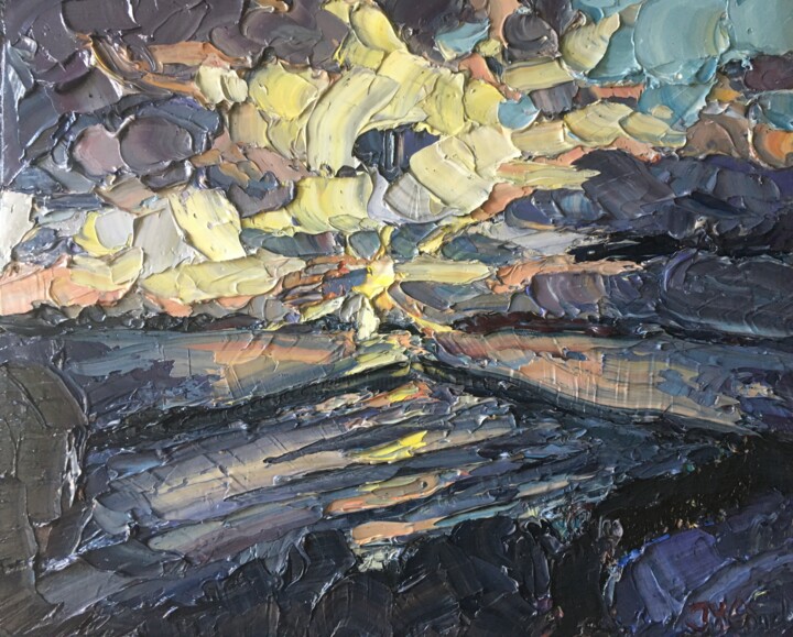 Schilderij getiteld "Sunset Loosdrecht" door Joyce Van Den Engel, Origineel Kunstwerk, Olie