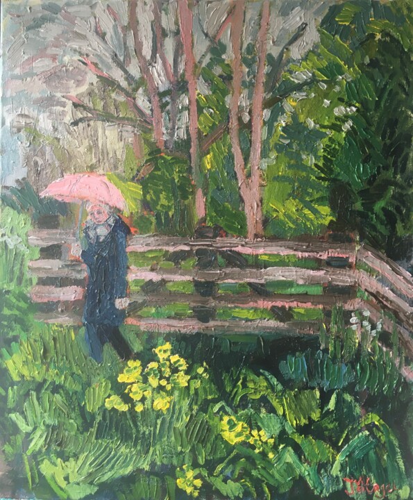 Malerei mit dem Titel "The pink umbrella" von Joyce Van Den Engel, Original-Kunstwerk, Öl