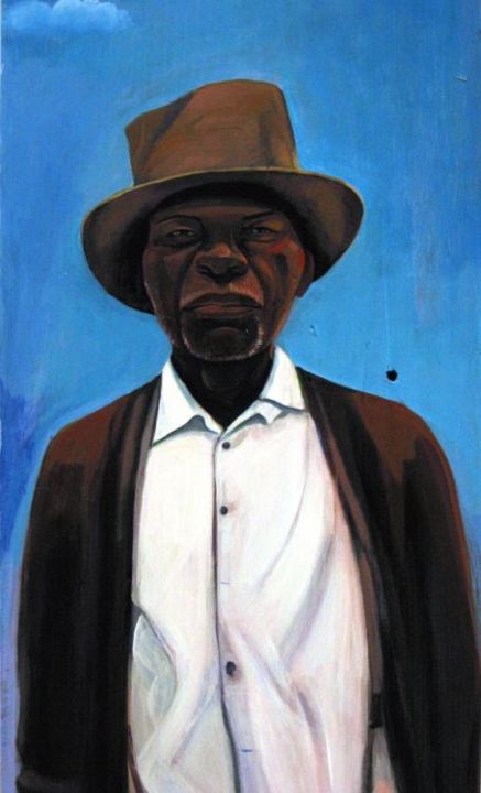 Painting titled "detail of "Man in H…" by Joyce Owens, Original Artwork, Acrylic Mounted on Wood Panel