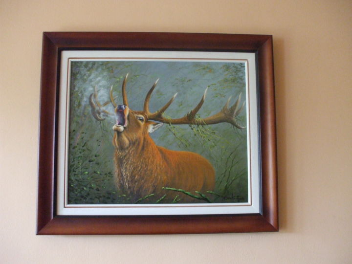 Painting titled "Male red deer" by József Darkó-Apor, Original Artwork, Oil