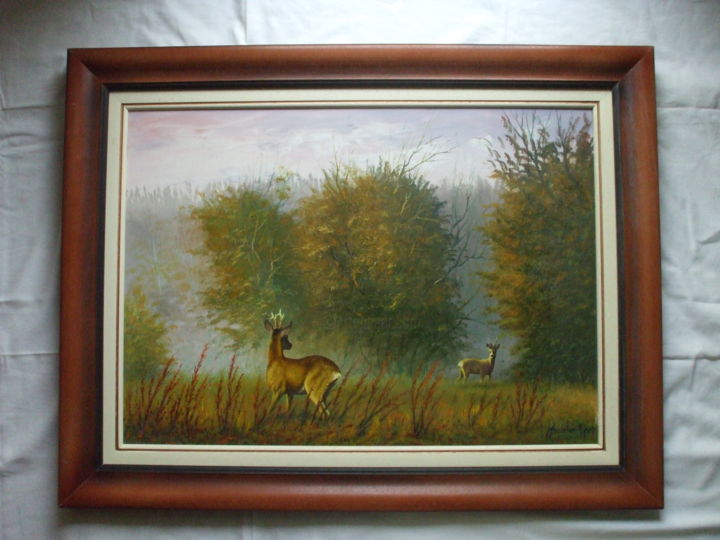 Painting titled "Male roe deers" by József Darkó-Apor, Original Artwork, Oil