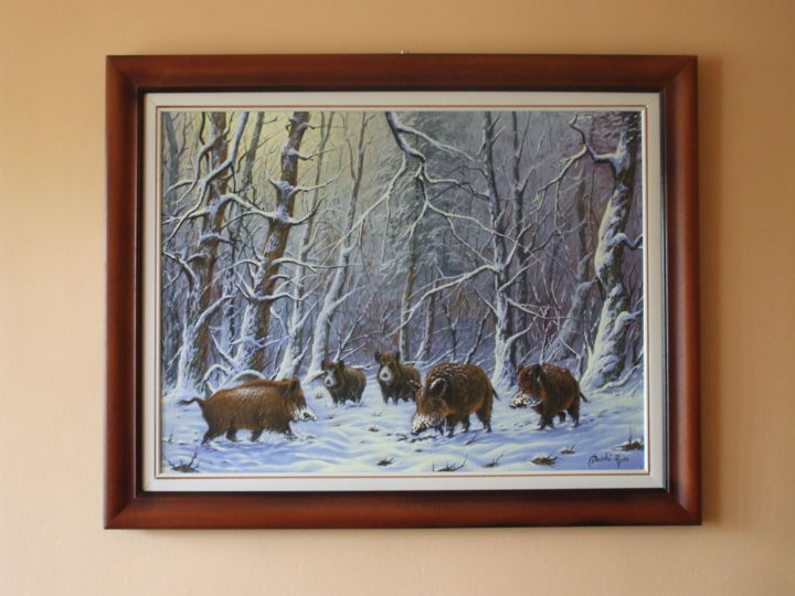 Painting titled "Wild boars in winter" by József Darkó-Apor, Original Artwork, Oil