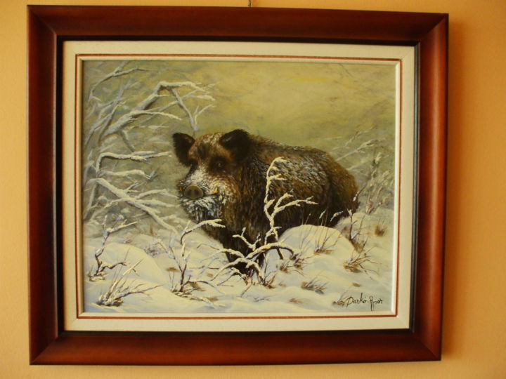 Painting titled "Wild boar" by József Darkó-Apor, Original Artwork, Oil