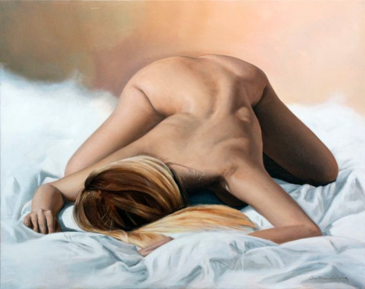 Painting titled "Olivia" by Jean-Pierre André Leclercq, Original Artwork, Oil Mounted on Wood Stretcher frame